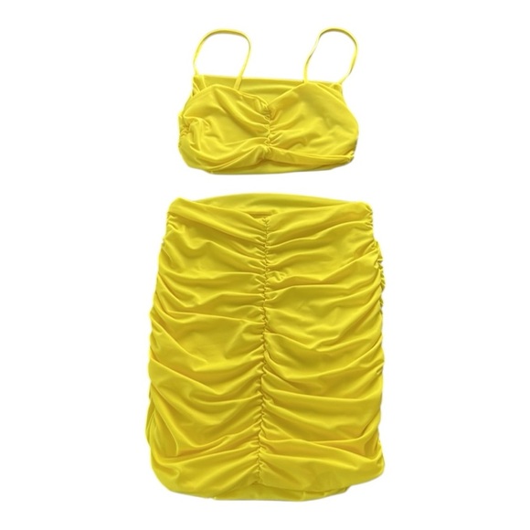 Sexy Neon Yellow 2 Pc Crop Top and Ruched Mini Skirt Set Size S - Picture 4 of 10
